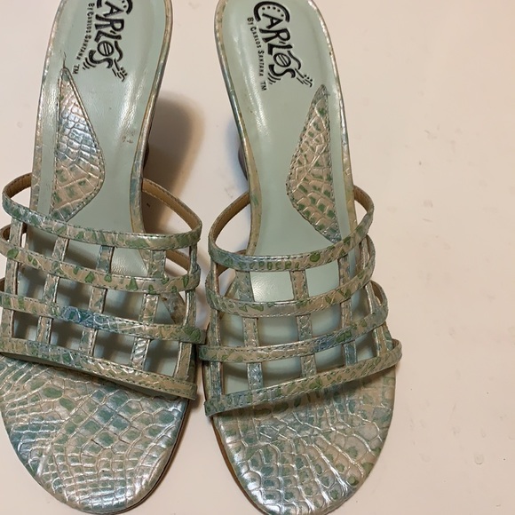 Y2K CARLOS SANTANA GREEN SNAKE CAGED SANDALS  SZ 5.5 M WEDGES LEATHER WEAVE - Picture 6 of 15